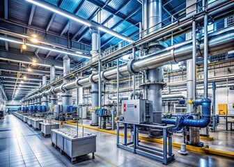 Modern factory interior with rows of sleek machinery, pipes, and control panels, exemplifying the epitome of efficiency and cutting-edge industrial standards.