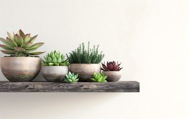 Obraz premium Row of Potted Succulents on a Wooden Shelf against White Wall Background