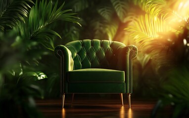 Obraz premium A plush 3Drendered velvet armchair in a luxurious home setting, symbolizing comfort and premium living, premium furniture, luxury, comfort, elegance