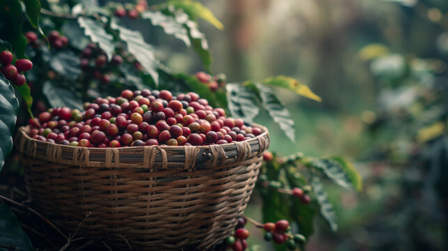 Um grande cesto de madeira cheio de frutos de caf&eacute; em uma planta&ccedil;&atilde;o de caf&eacute;