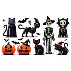 Cute Halloween characters illustration black cats skeletons pumpkins, spooky festive designs