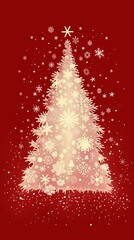 Stylized Snowflake Christmas Tree on Red Background
