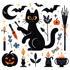 Playful black cat in Halloween decor with cheerful mood ideal for festive Halloween design