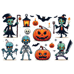 Cartoon Halloween zombies and pumpkins characters, colorful spooky design, holiday decorations