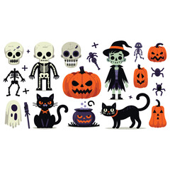 Halloween cartoon elements with pumpkins, skeletons, and cats on white background, festive decor