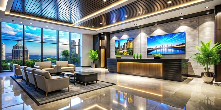 Modern hotel lobby features sleek black reception desk, plush sofas, and large floor-to-ceiling digital screen displaying vibrant travel destinations.