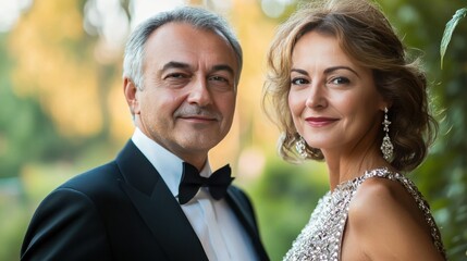 A stylish and elegant couple posing for a photo. Their sophisticated outfits and poised demeanor create a chic and refined look, perfect for showcasing their fashionable and elegant appearance.

