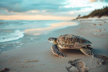 A turtle rests on a sandy beach next to the ocean