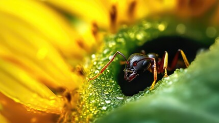 Ant Tunnel. Macroshot of Ant on Sunflower Leaf in Nature Environment