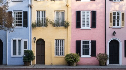 Fototapeta premium Charleston Houses. Pastel Row Houses in European Architecture Street Scene