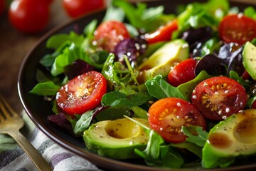 'A colorful salad featuring mixed greens, juicy cherry tomatoes, and creamy sliced avocado, all drizzled with a zesty vinaigrette.'
