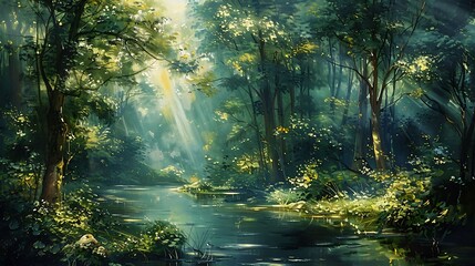 Forest River Landscape Artistic Oil Painting