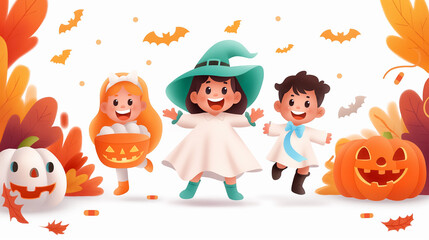 Fototapeta premium Three children dressed in costumes enjoy Halloween festivities amidst colorful leaves and seasonal decorations