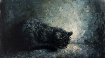 Black Cat Sleeping in a Dark Corner Black and White Painting with Soft Brushstrokes
