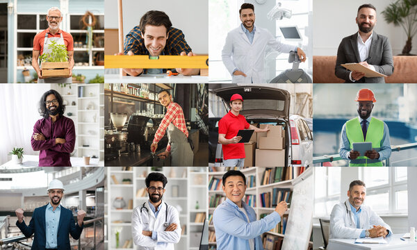 This image showcases a diverse group of individuals in a variety of work settings. Each person represents a different profession, including a gardener, a carpenter, a dentist, a businessman, a barista