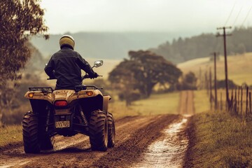 Obraz premium Four Wheeler Adventure: Back View of Quad Bike Crossing Country Road