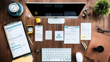 A well-organized desk with a computer, task lists, and time management tools, symbolizing productivity and efficiency