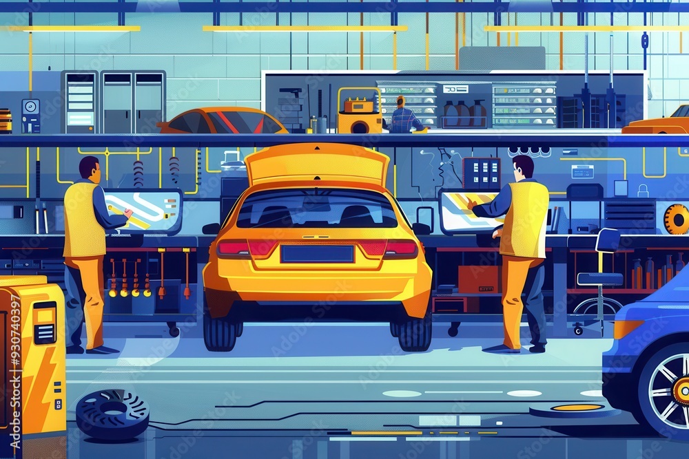 Poster a mechanic conducts a computer diagnosis while working on an engine repair under bright workshop lig