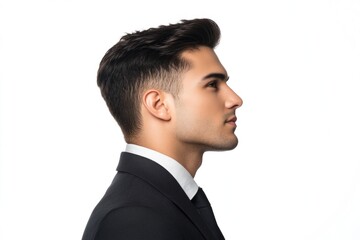 Latino Man Profile. Confident Businessman in Suit Facing Future with Vision