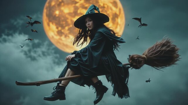 Halloween. A young witch flying on a broomstick through a mystical forest during autumn, with vibrant orange leaves falling around her. Perfect for themes of fantasy, Halloween, magic, and adventure.