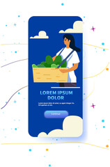 Woman carrying basket of vegetables eco-friendly sustainable living vibrant colors clouds blue background website design
