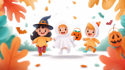 Three children dressed in Halloween costumes happily run together, surrounded by vibrant autumn leaves and decorations