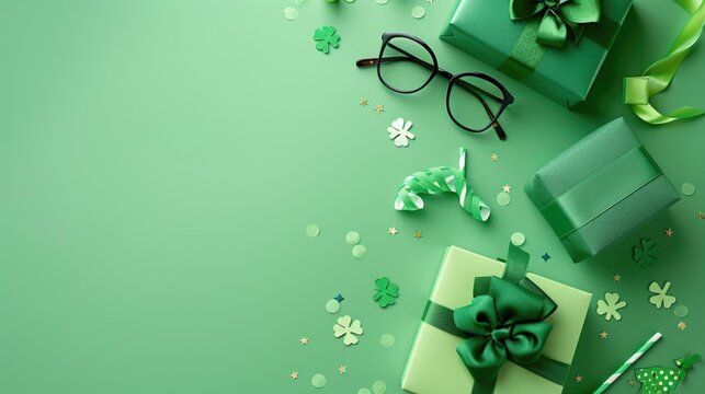 A collection of St Patrick's Day themed gifts and glasses on a green background