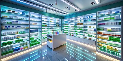 Modern pharmacy store shelves stocked with various health and wellness products, personal care items, and medications under bright fluorescent lighting.