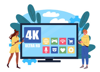 People with 4k TV. Man and woman near high resolution display. Guy and girl with remote controls near television. Multimedia and broadcasting. Flat vector illustration isolated on white background