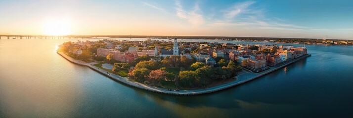 Obraz premium Charleston Aerial. Historic College and Market Churches in French Downtown