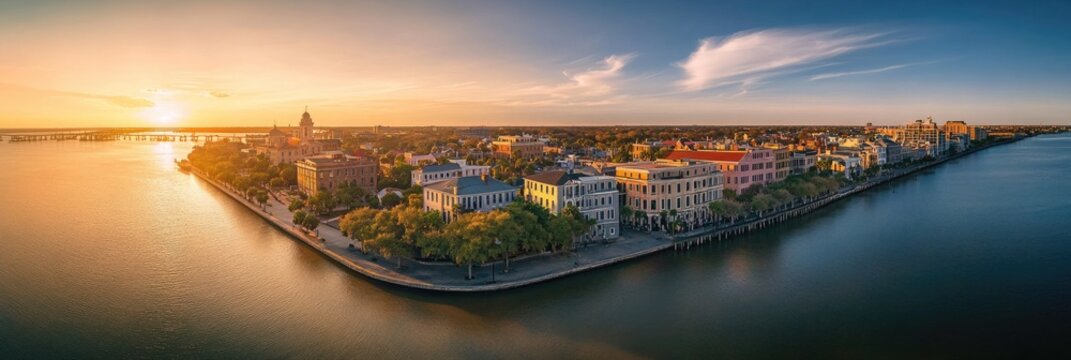 Charleston Aerial. Historic College and Market Church in French Downtown