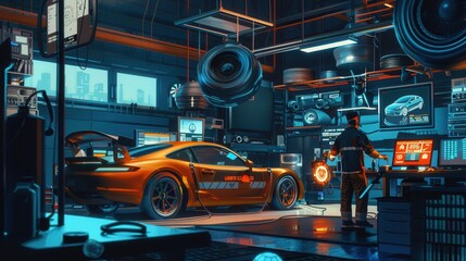 Fototapeta premium A mechanic performs a computer diagnosis and works on an engine repair inside a well-equipped automotive workshop. Generative AI