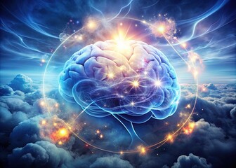 Mysterious glowing brain surrounded by swirling clouds of thoughts, emotions, and memories, with faint outlines of faces and shapes in the background.