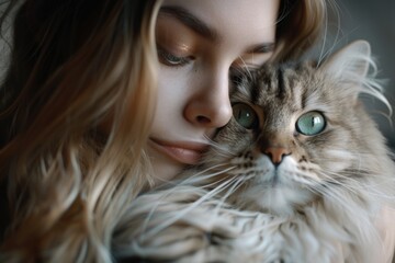 A woman cuddles a cat in her arms, showcasing affection and companionship