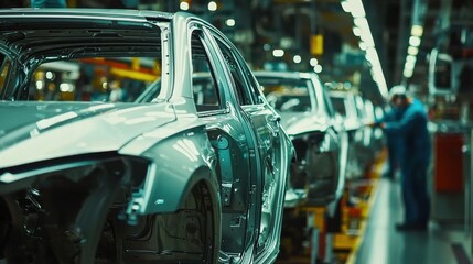 Fototapeta premium Workers on a car assembly line in a modern factory, assembling vehicles with precision. The busy and dynamic scene highlights the industrial process and teamwork involved in vehicle production.
