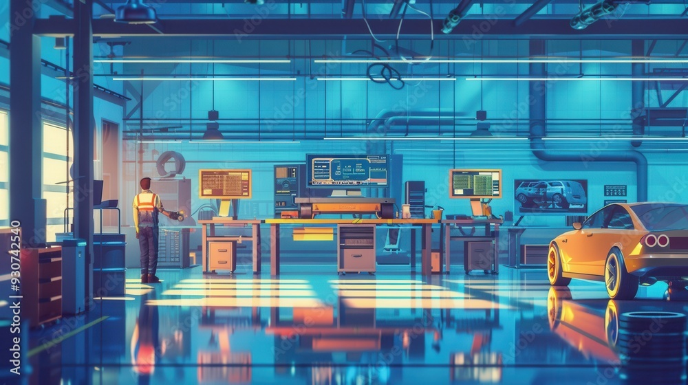 Poster a mechanic conducts a computer diagnosis on a car and works on engine repair in a well-lit, high-tec