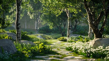 A serene forest path surrounded by lush greenery and blooming flowers.