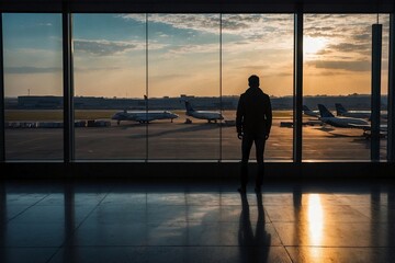 Silhouette of a Man Standing by a Window in an Airport