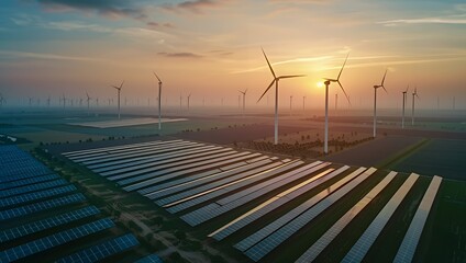 Aerial view of a renewable energy landscape with wind turbines and solar panels at sunset.
