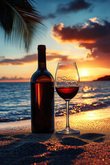 Wine bottle and glasses silhouetted by sunset on the beach
