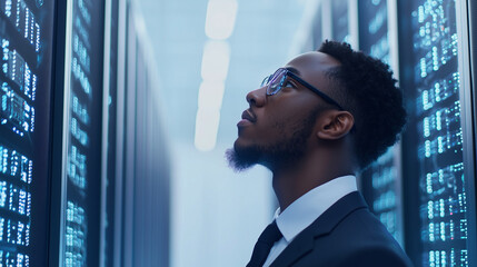 An African American male IT specialist focused on analyzing privacy data information leaks, surrounded by advanced AI cybersecurity systems in a high-tech server room. photo