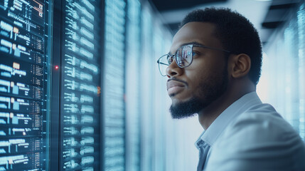 An African American male IT specialist focused on analyzing privacy data information leaks, surrounded by advanced AI cybersecurity systems in a high-tech server room. photo