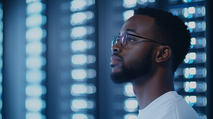 An African American male IT specialist focused on analyzing privacy data information leaks, surrounded by advanced AI cybersecurity systems in a high-tech server room. photo