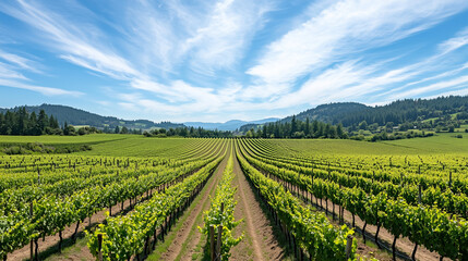 A panoramic view of a lush vineyard with rows of vibrant green vines stretching into the horizon, embodying the essence of winemaking. photo