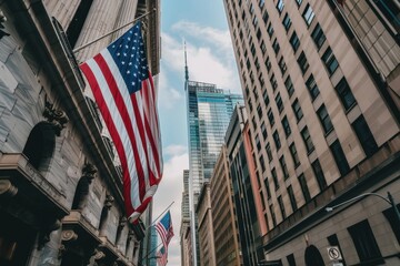 Wall Street, with an American flag hanging from the building and buildings in the background Generative AI