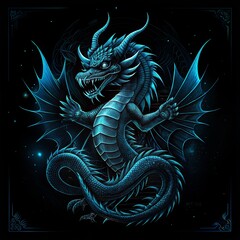 Blue dragon illustration with glowing eyes on dark background for t-shirt print