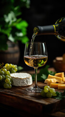 Obraz premium wine in a glass with cheese and grapes on a dark table.