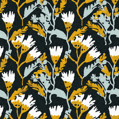 Modern printed fabric wildflower blockprint pattern with linen fabric textures. Stylized hand drawn boho dark florals for decorative design elements in repeatable background tile.