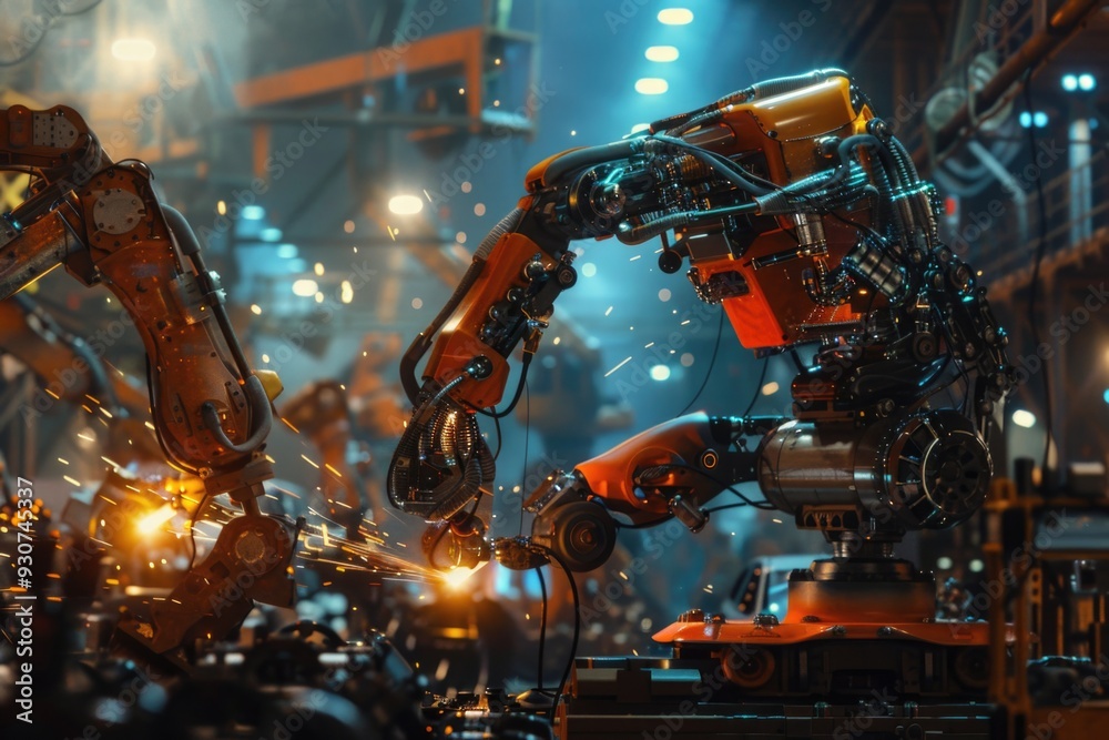Poster A robot operating on a machine in a modern factory setting