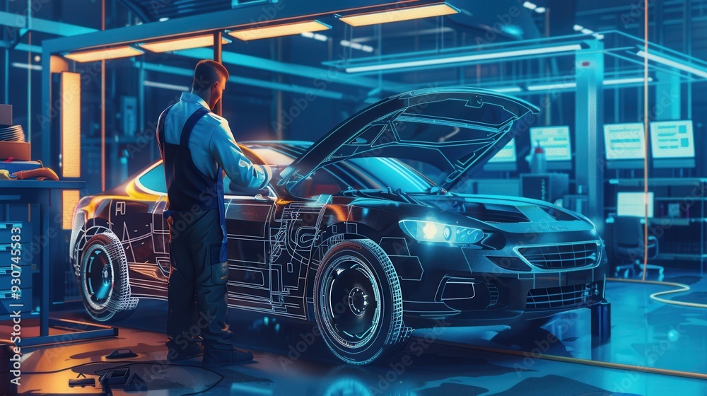 Poster a mechanic performs a computer diagnosis on a car while conducting engine repairs in a well-equipped